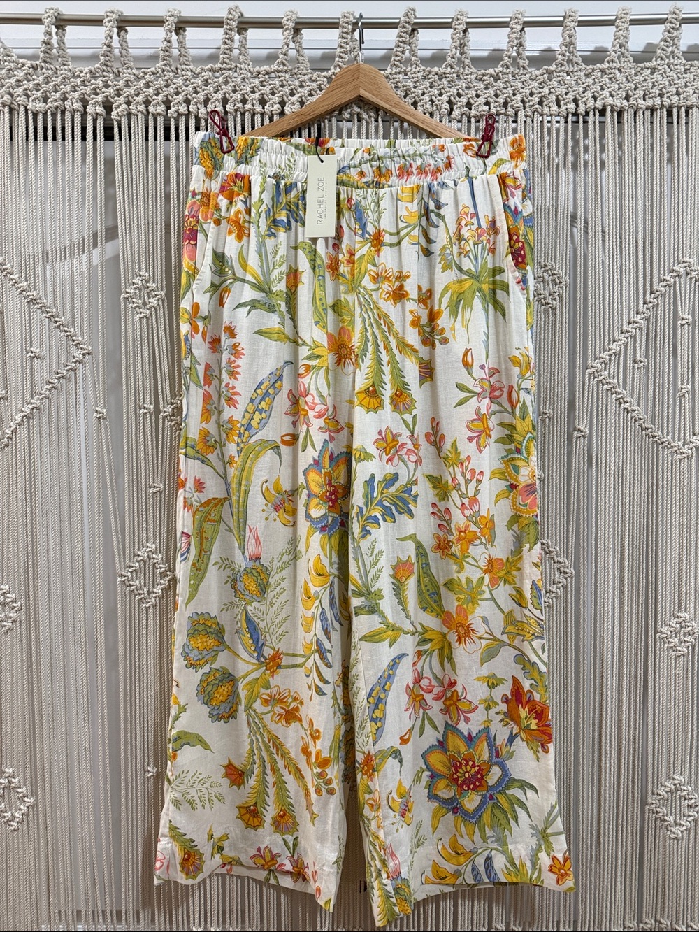 Rachel Zoe NWT Floral Wide-Leg Linen Pants in White, Yellow & Green